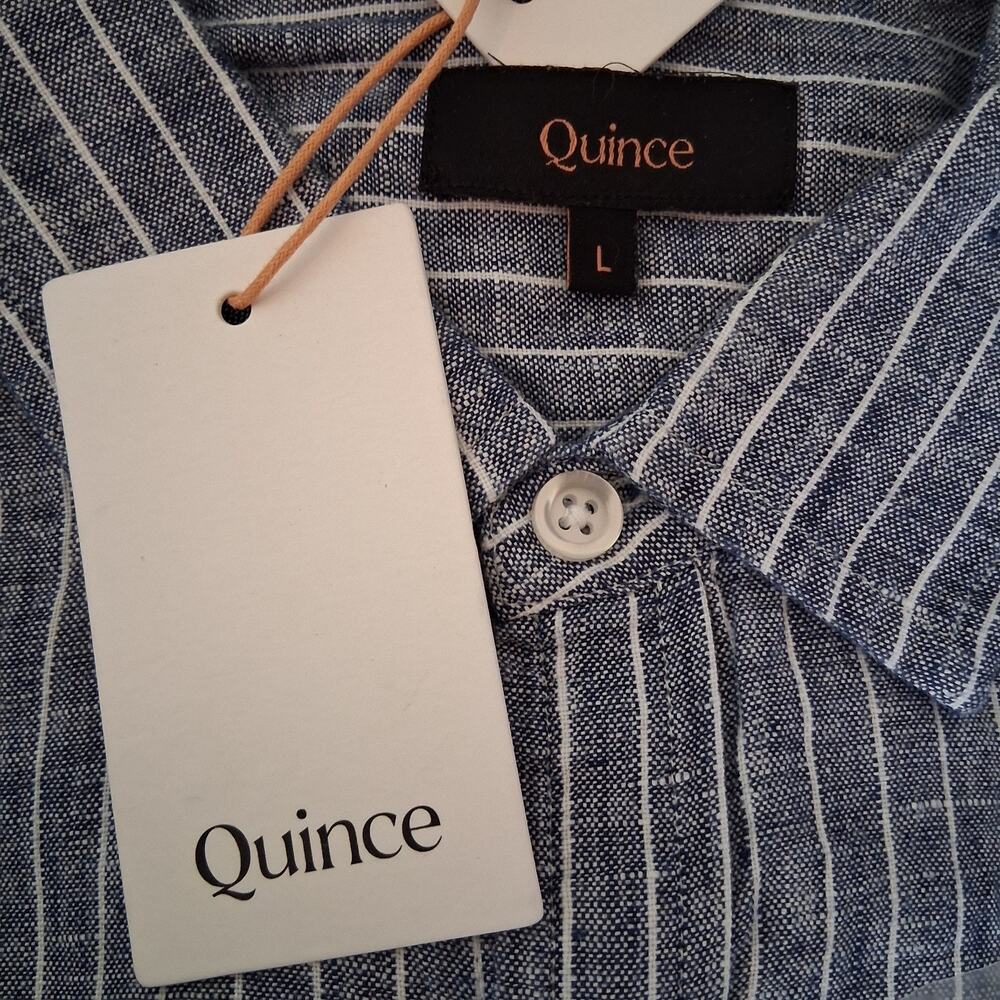 Quince Blue 100% euro linen chambray striped button up blouse women's Large NWT - Picture 9 of 9